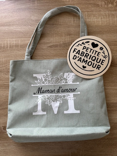 🌷 Tote Bag en Velours Côtelé Personnalisé – Initiale Fleurie & Prénom